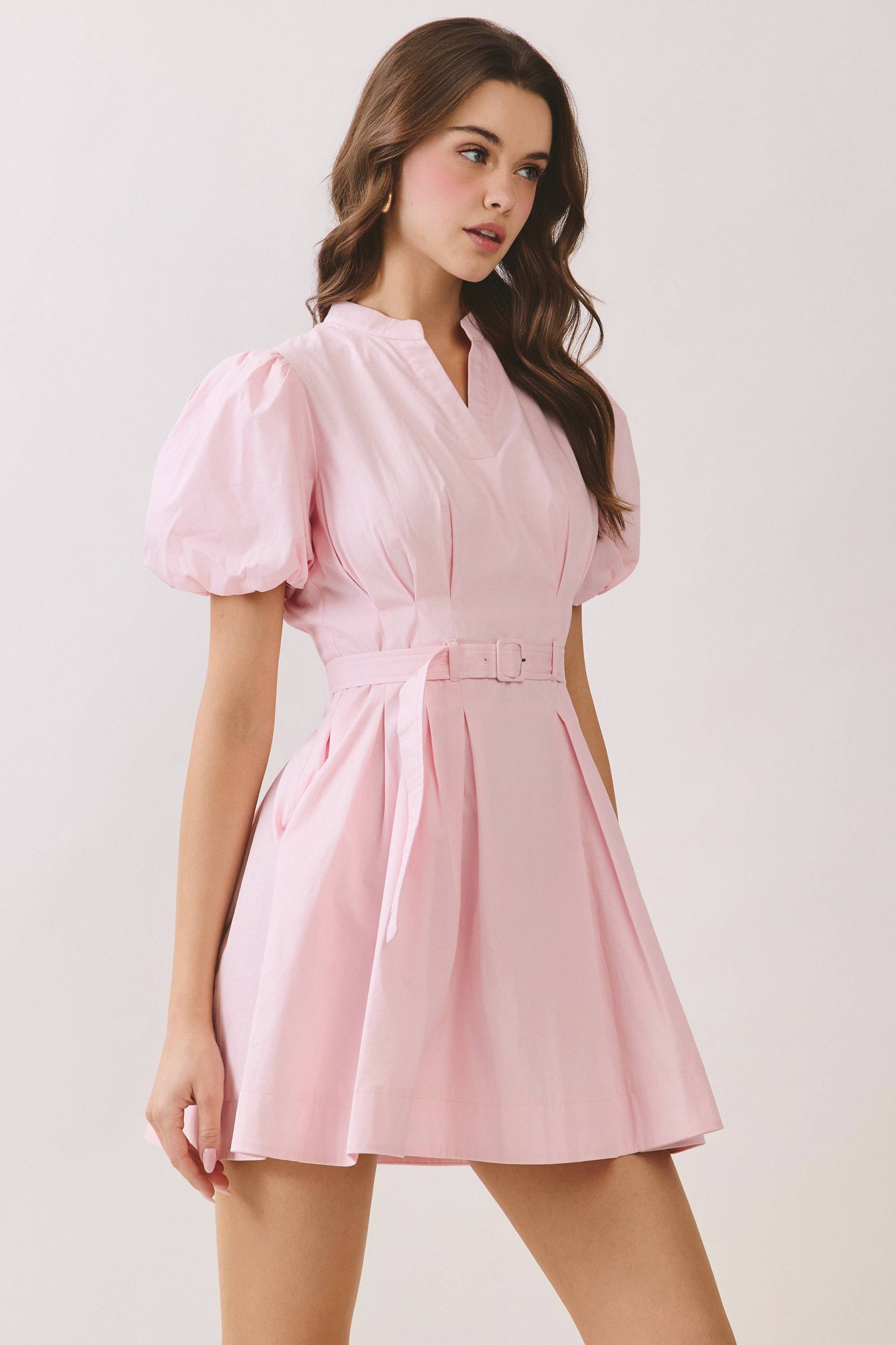 Pink Belted Puff Sleeve Mini Dress