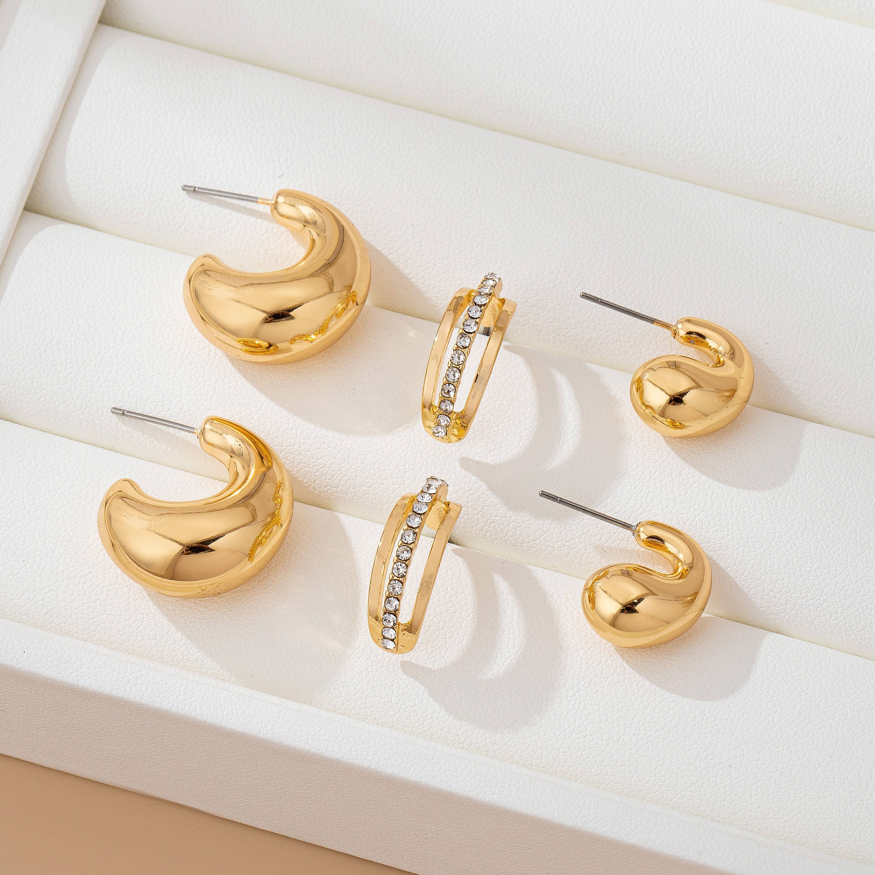 Chunky Hoop Rhinestone Trio Earring Set showing length: .5" - .75"