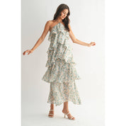 Green Floral Ruffle Tiered Maxi Dress