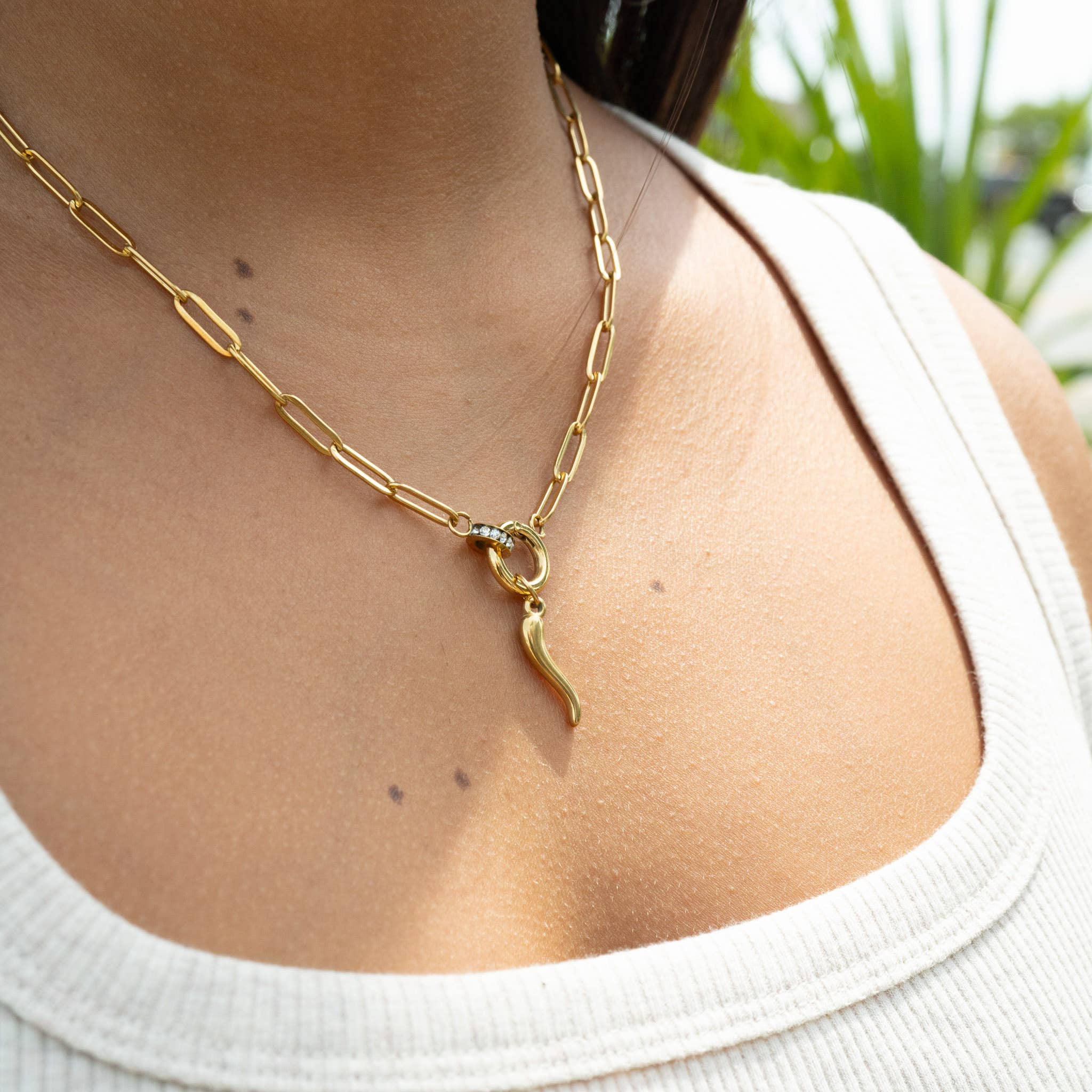 18K Gold Paperclip Rhinestone Charm Holder Necklace