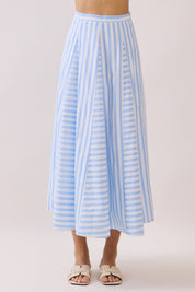 Blue Striped Paneled Midi Skirt