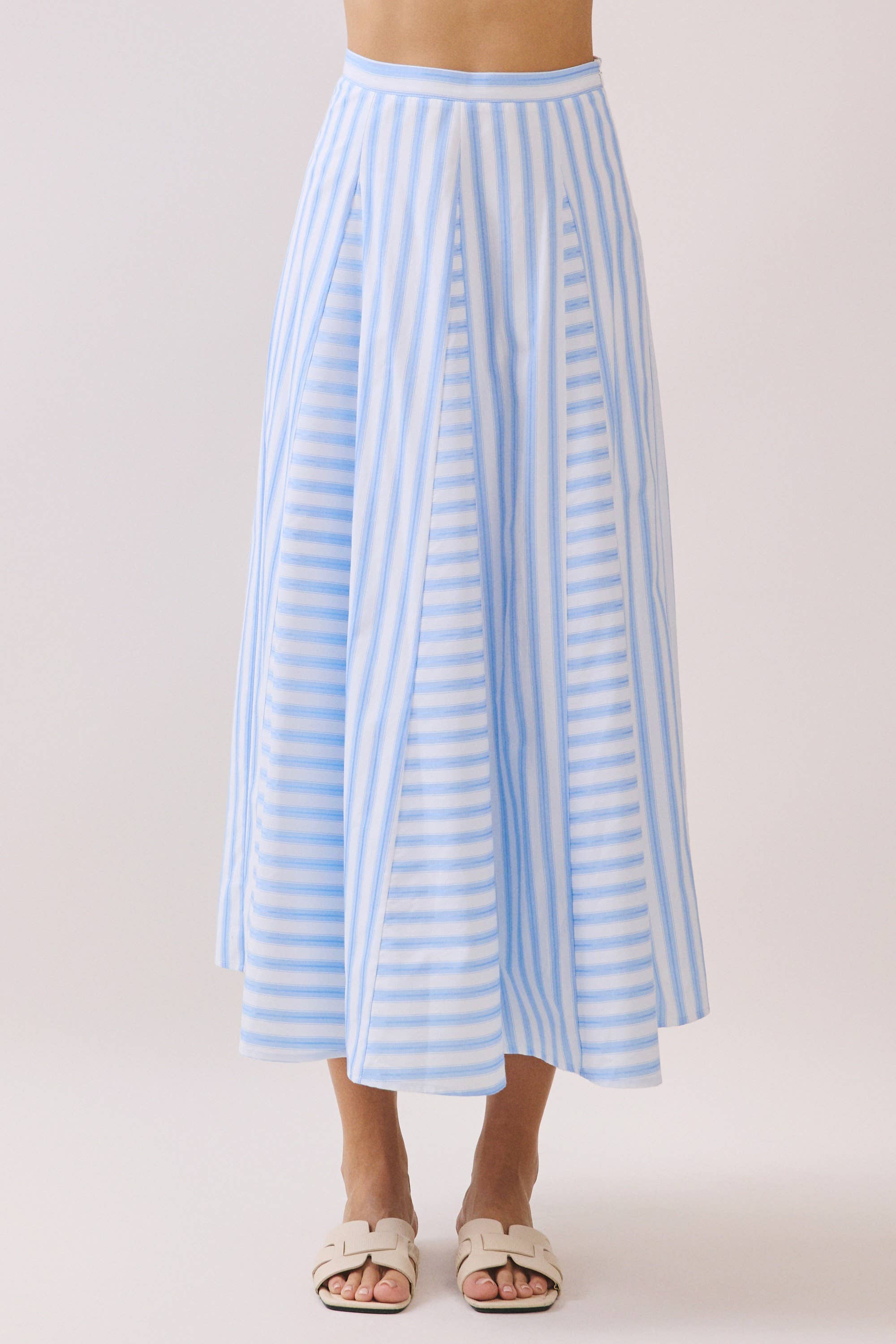 Blue Striped Paneled Midi Skirt