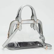 Faux Leather Trim Transparent Structured Top Handle Handbag / Crossbody Bag: Clear,Navy