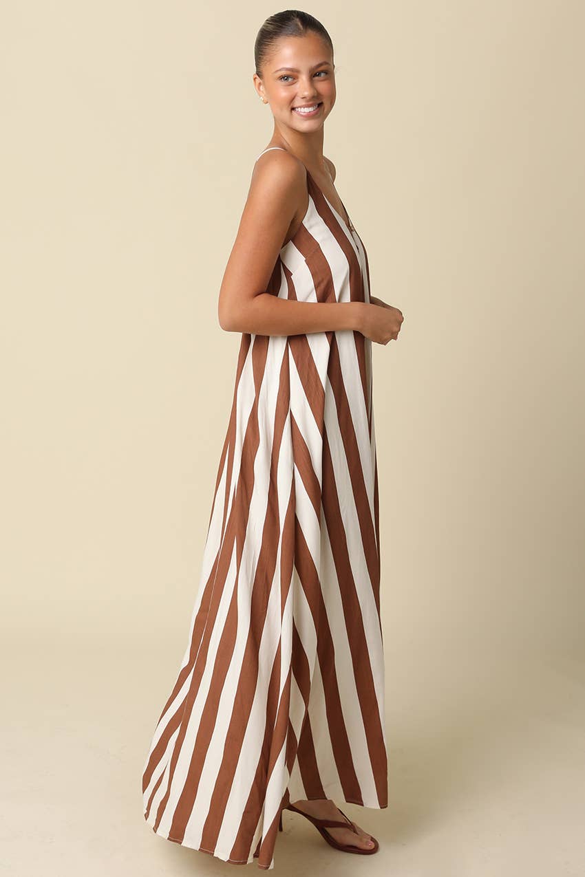 Brown & Cream Stripe Open-Back Maxi Dress
