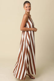 Brown & Cream Stripe Open-Back Maxi Dress
