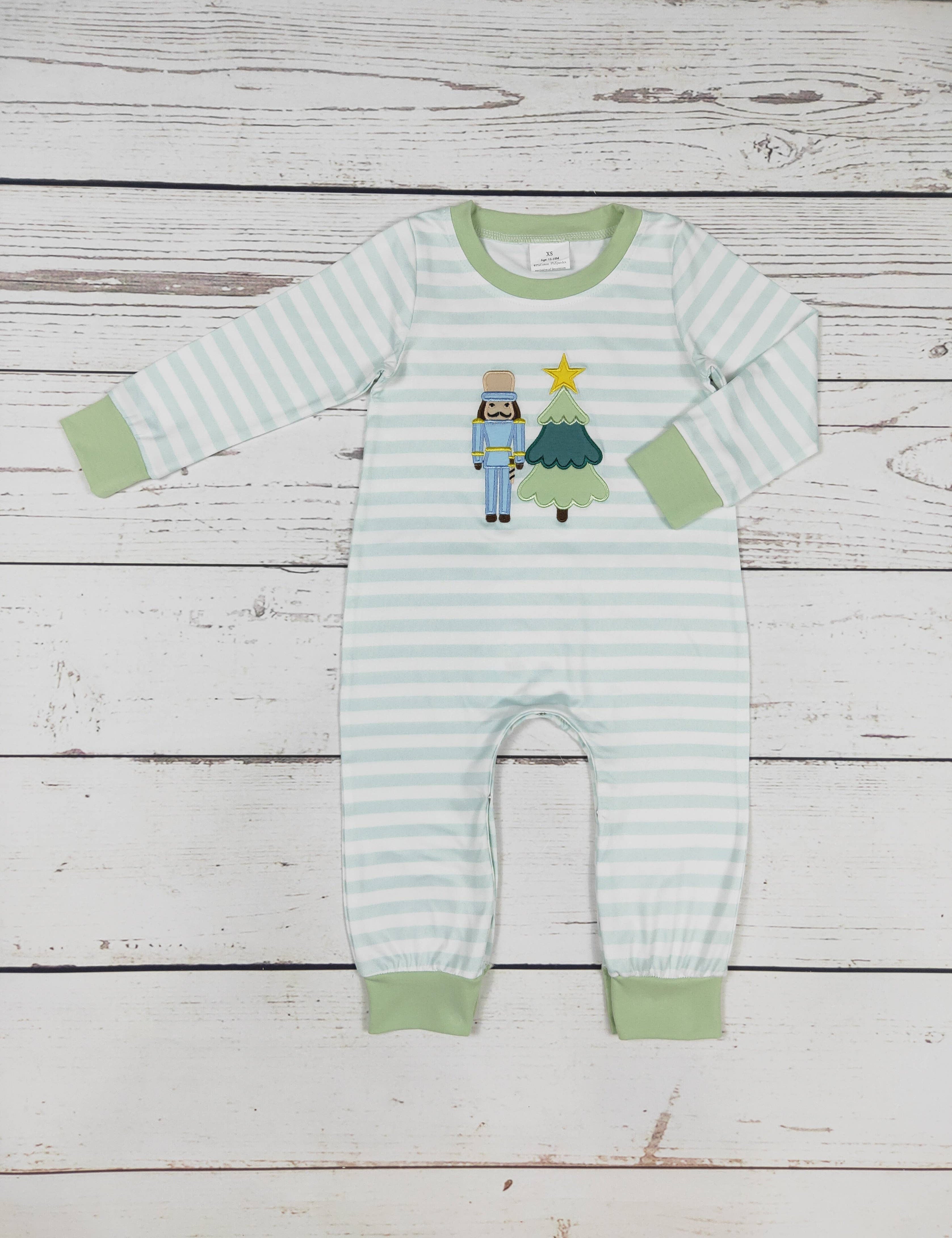 Christmas Tree Baby Romper — round neckline with green binding and long sleeves with ribbed green cuffs