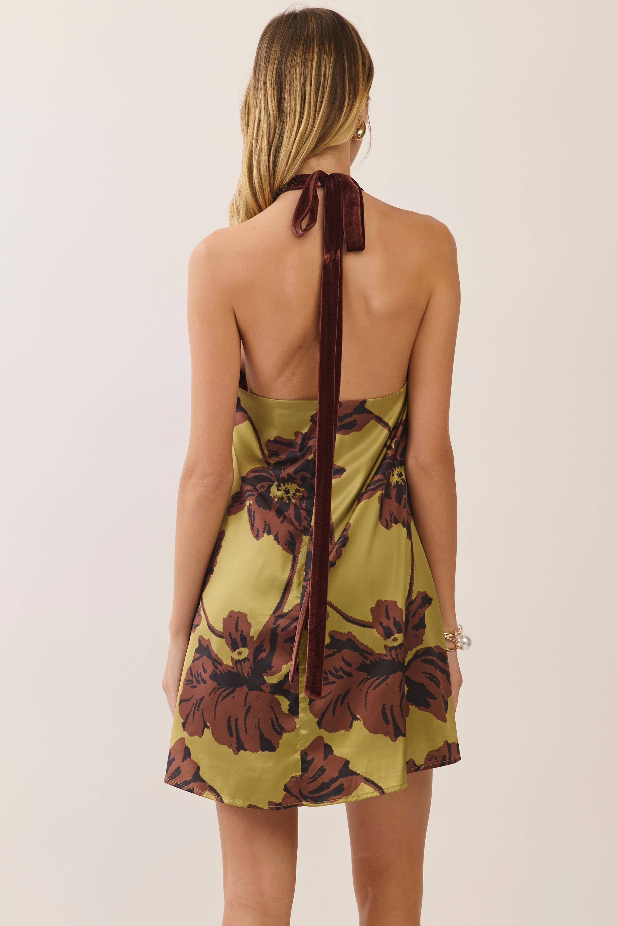 Olive Floral Velvet Halter Mini Dress