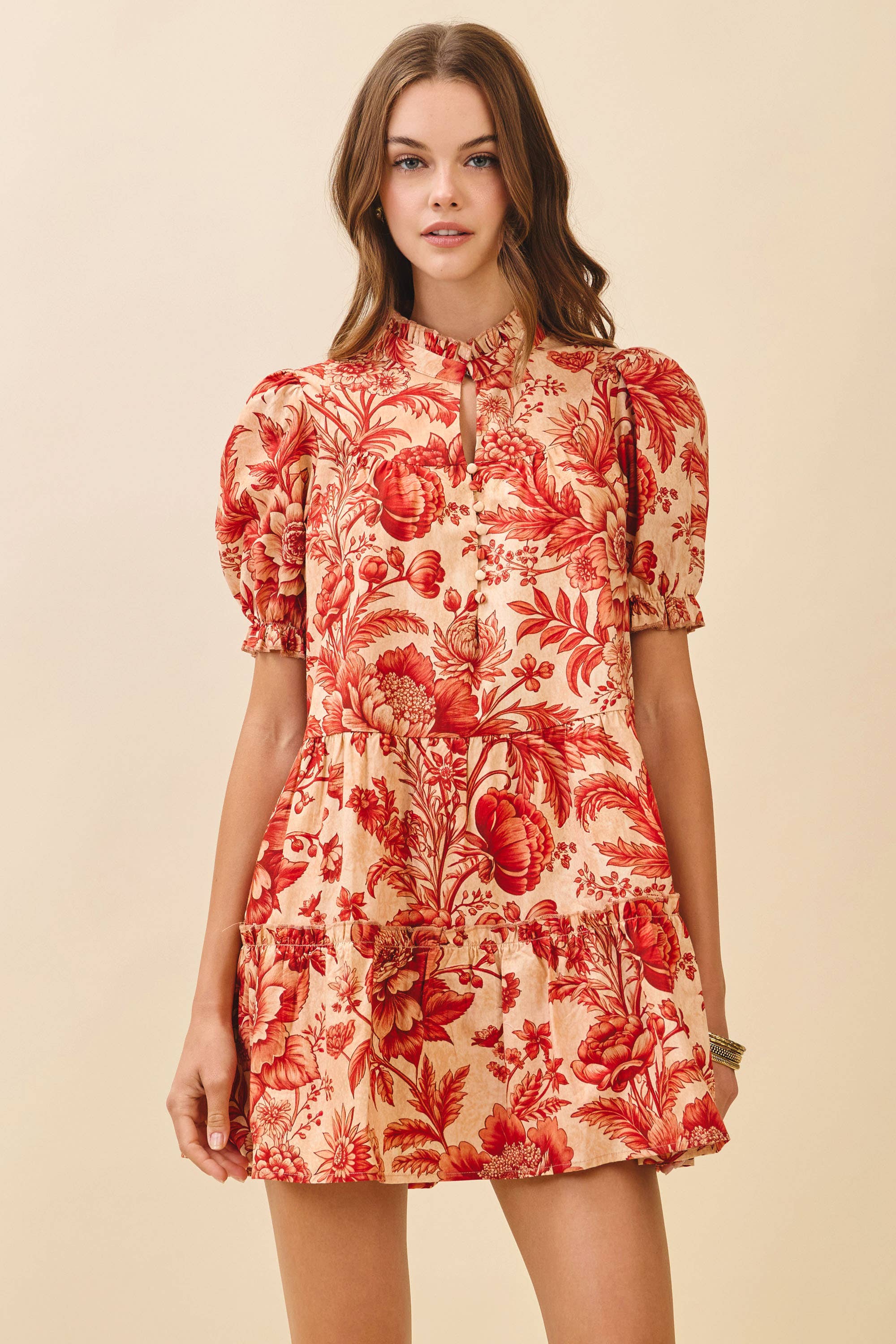 Floral Ruffled Mock Neckline Mini Dress