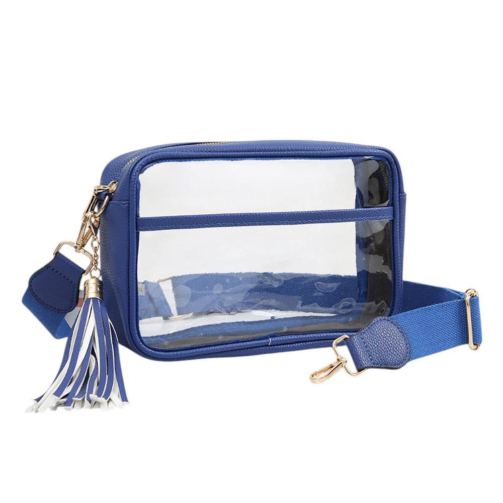 Faux Leather Transparent Rectangular Crossbody Bag: Clear,Royal Blue