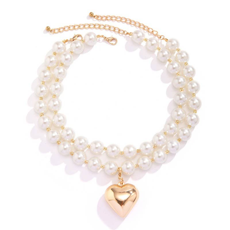 Pearl Beaded Layered Heart Necklace