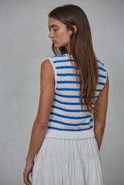 Blue & White Striped Button Up Vest Top
