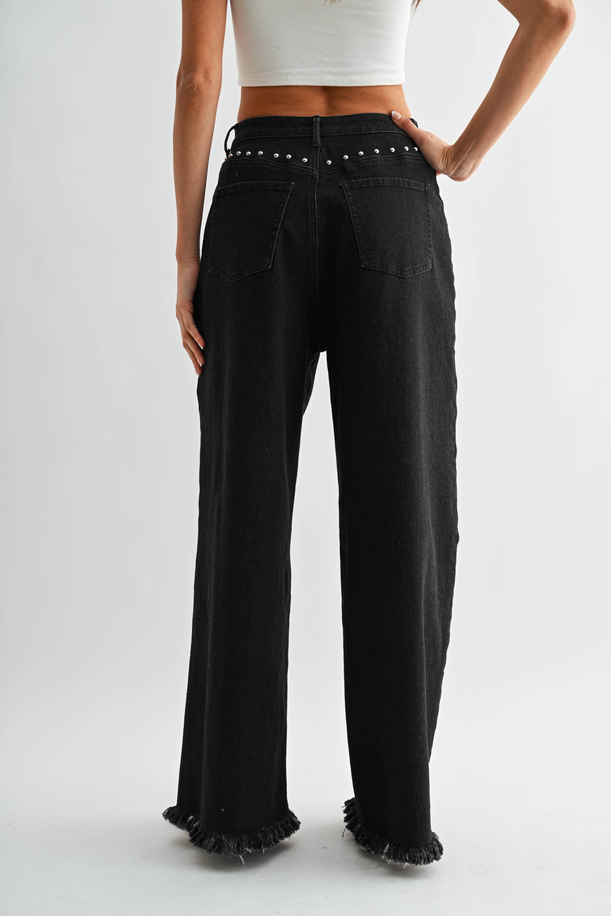 Black Wide-Leg Denim Stud Pants