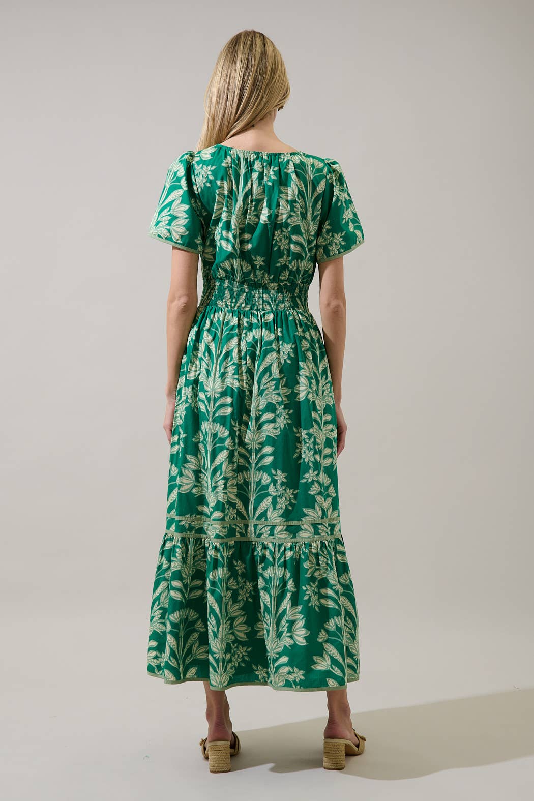 Green Smocked Midi Floral Dress