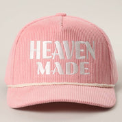Pink Heaven Made Corduroy Rope Hat — HEAVEN MADE lettering embroidered and 5 panel trucker hat with rope strap