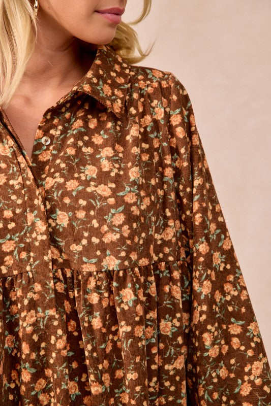 Brown Floral Print Corduroy Dress