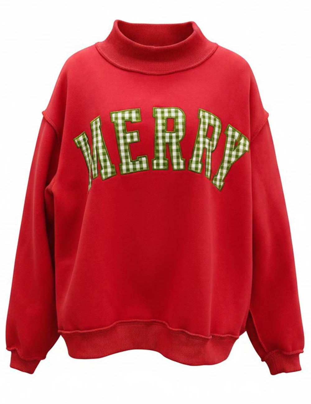 Green Plaid 'MERRY' Embroidered Red Mockneck — 'MERRY' embroidered and mock-neck