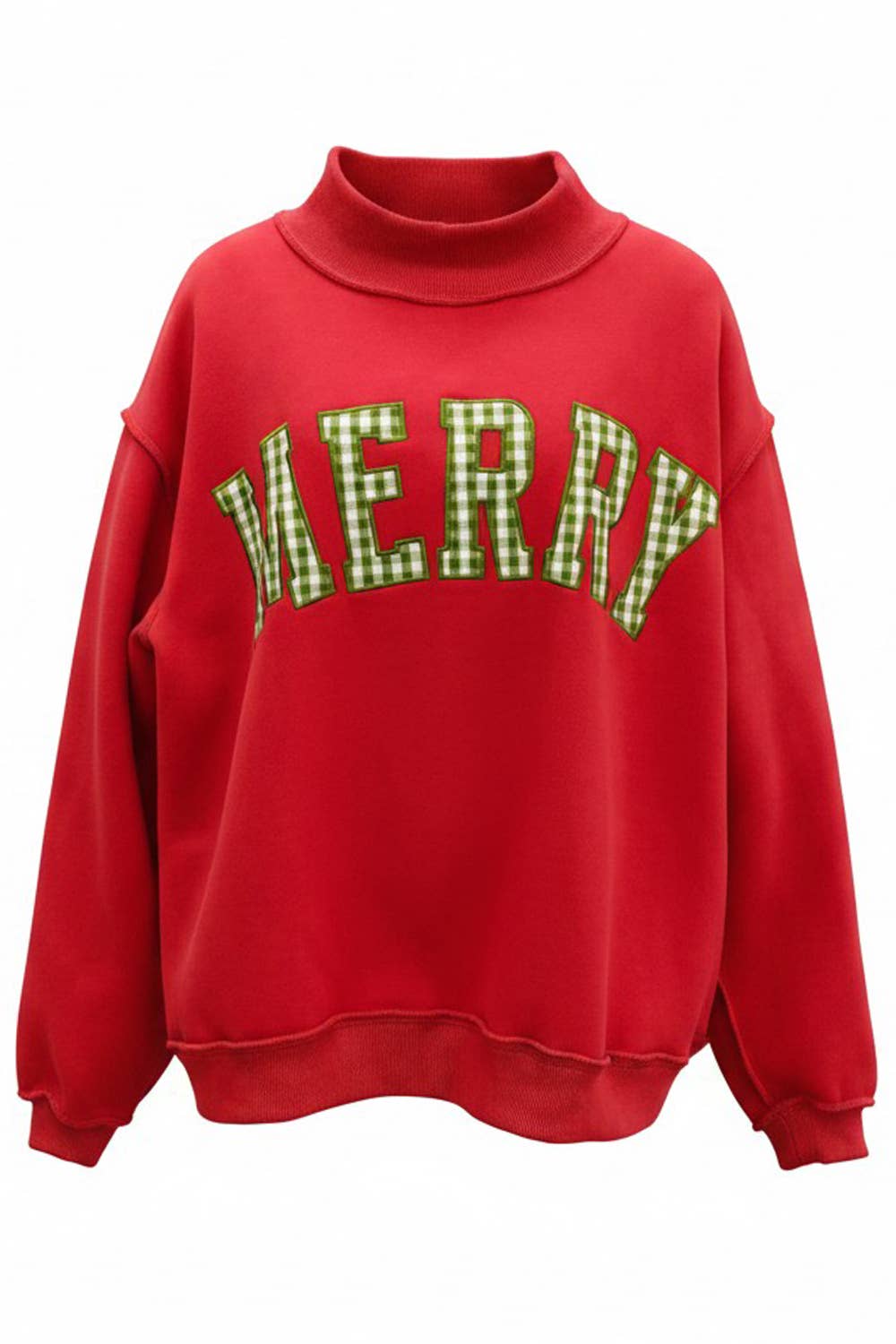Green Plaid 'MERRY' Embroidered Red Mockneck — 'MERRY' embroidered and mock-neck