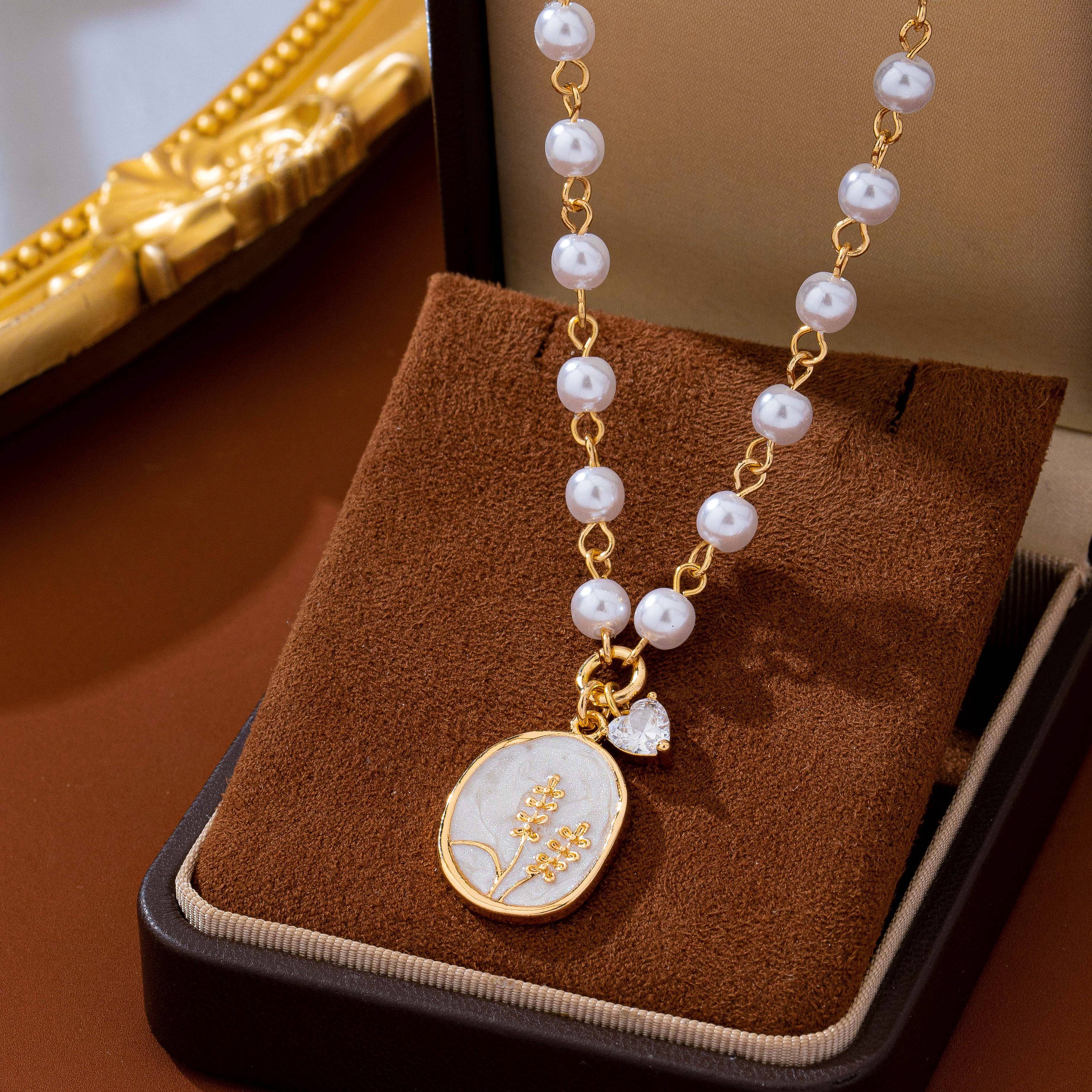Gold Pearl Chain Floral Pendant Necklace