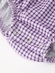 Purple Plaid Floral Bubble Romper showing ruffled cuffs