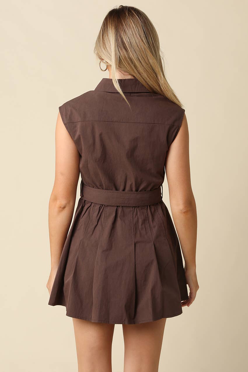 Brown Belted Sleeveless Shirt Dress showing front button