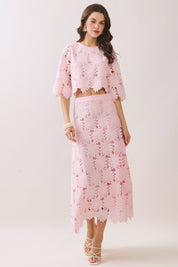 Pink Floral Lace Scalloped Midi Skirt