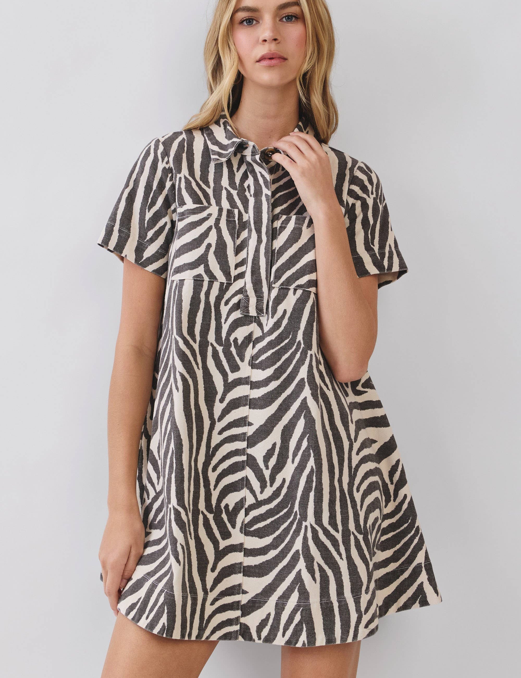 Zebra Print Button Collared Mini Dress — collared and front flap pockets