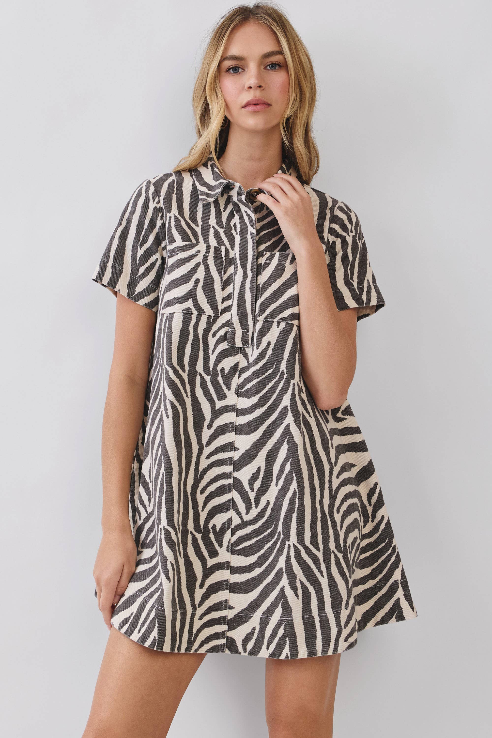 Zebra Print Button Collared Mini Dress — collared and front flap pockets
