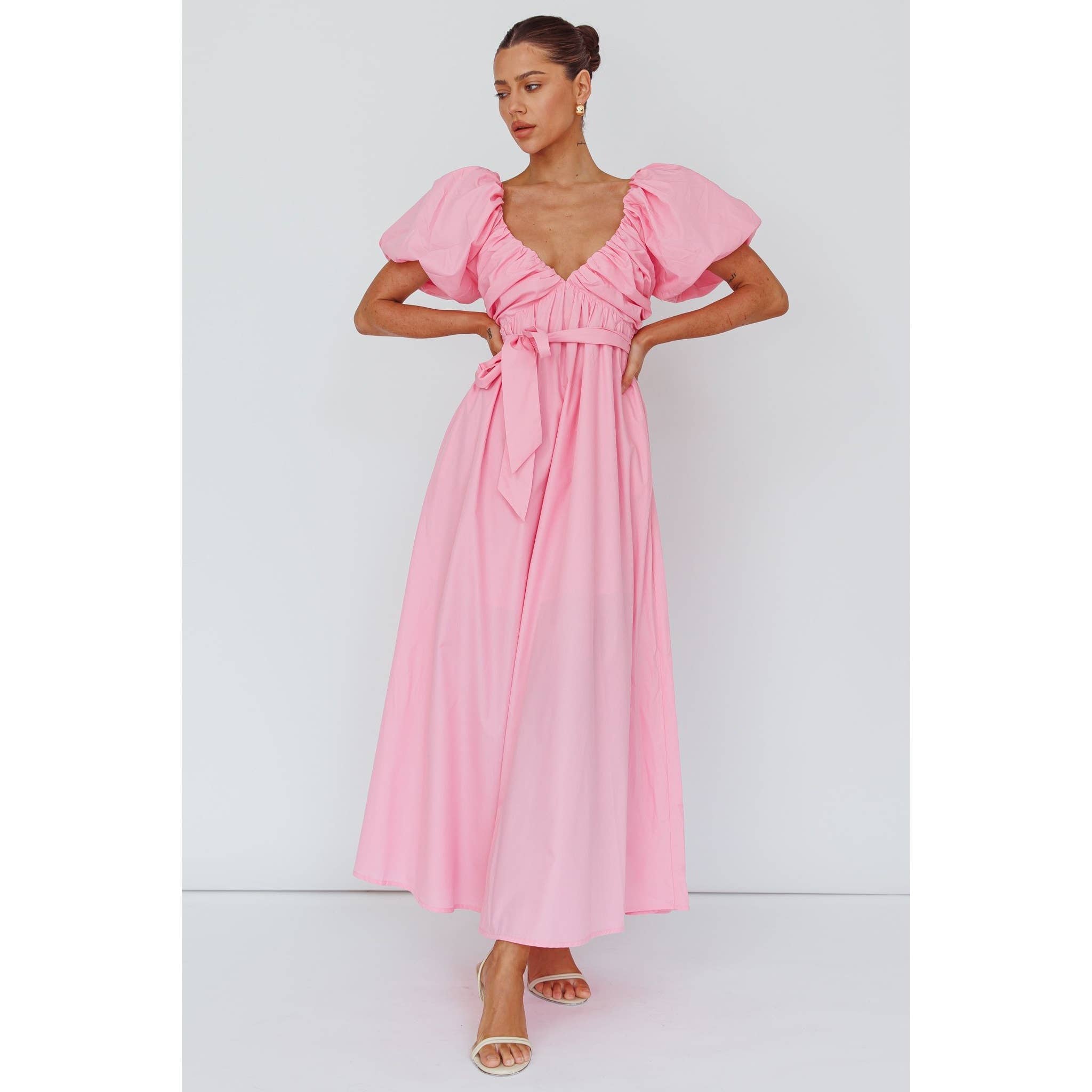 Pink Balloon Sleeve Maxi Dress