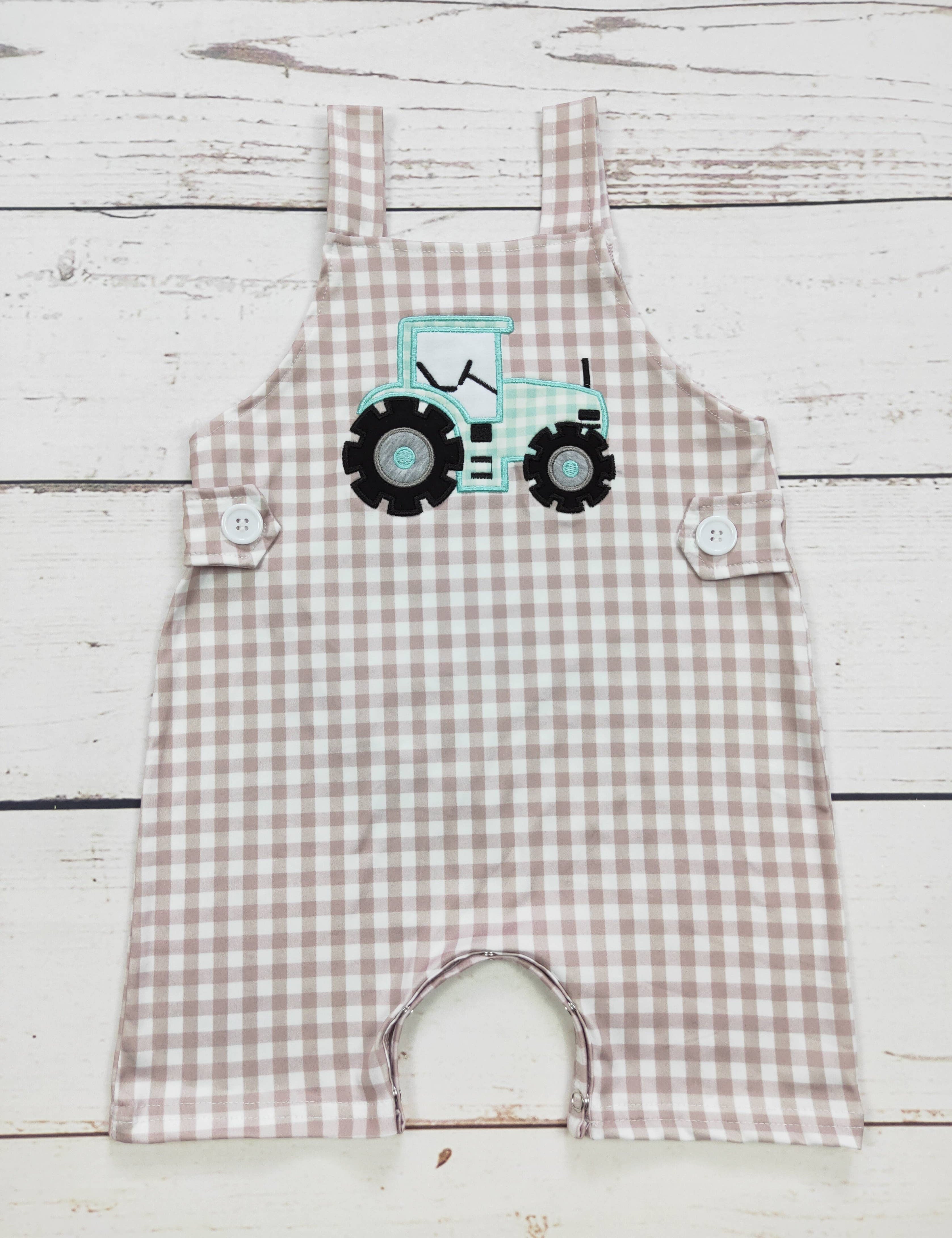 Baby Tractor Checkered Romper — color: tan and white gingham check and round neckline