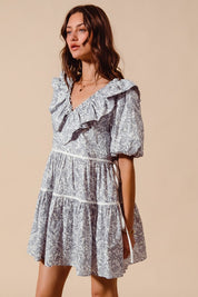 Off White & Navy Printed Ruffle V-Neckline Dress
