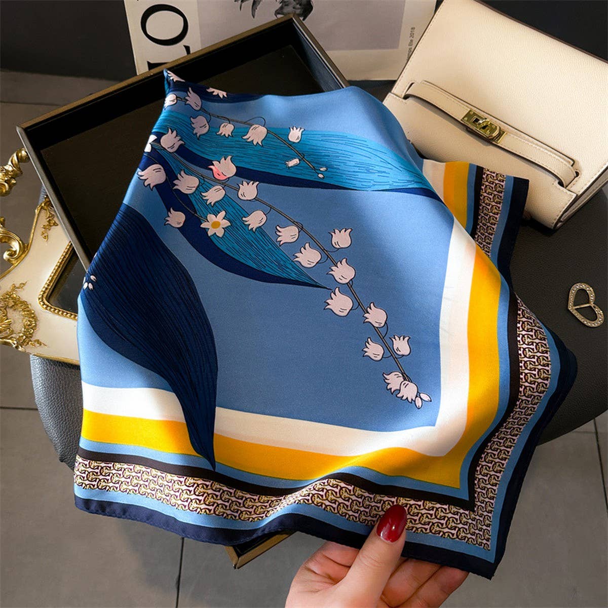 Blue Artistic Small Square Scarf — color: blue