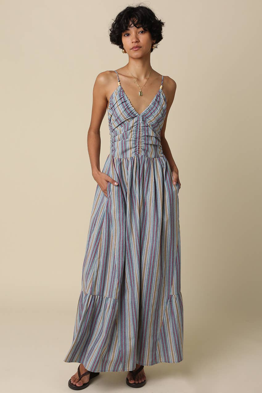 Blue Striped Beaded Maxi Dress