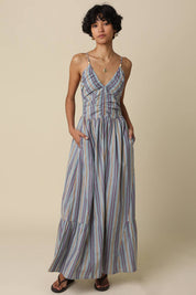 Blue Striped Beaded Maxi Dress