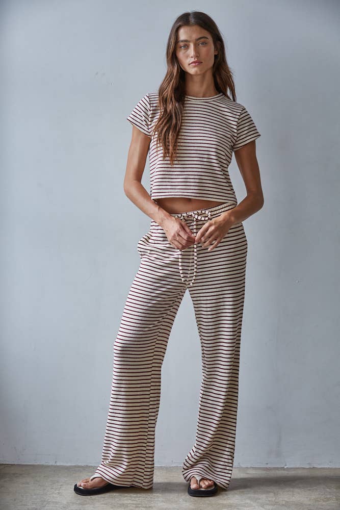 Cream & Burgendy Striped Flare Pants