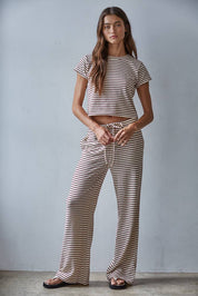 Cream & Burgendy Striped Flare Pants