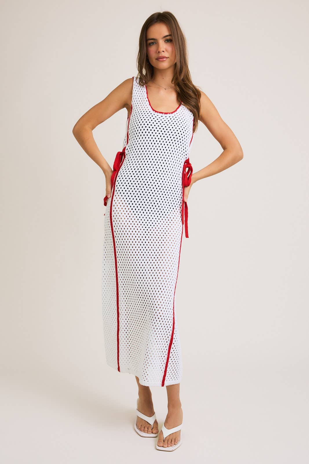 White & Red Bow Ribbon Knit Dress
