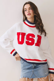 White USA Letter Trim Sweatshirt — mock neckline and long sleeves