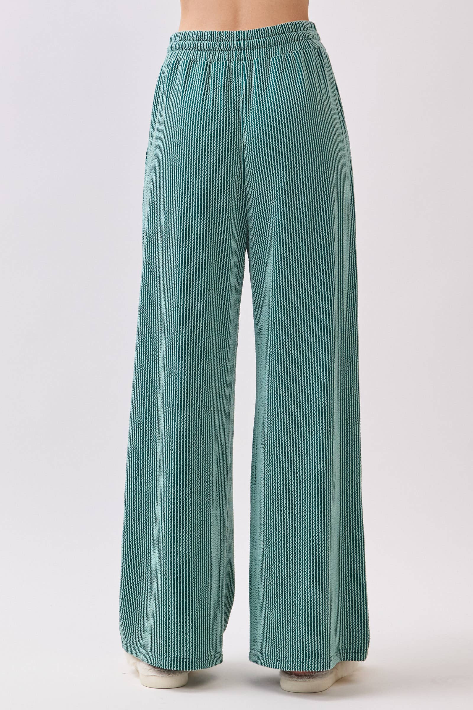 Teal Ribbed Knit Top and Wide Leg Pants Set