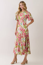 Green Floral Print Smocked Shoulder Midi Dress