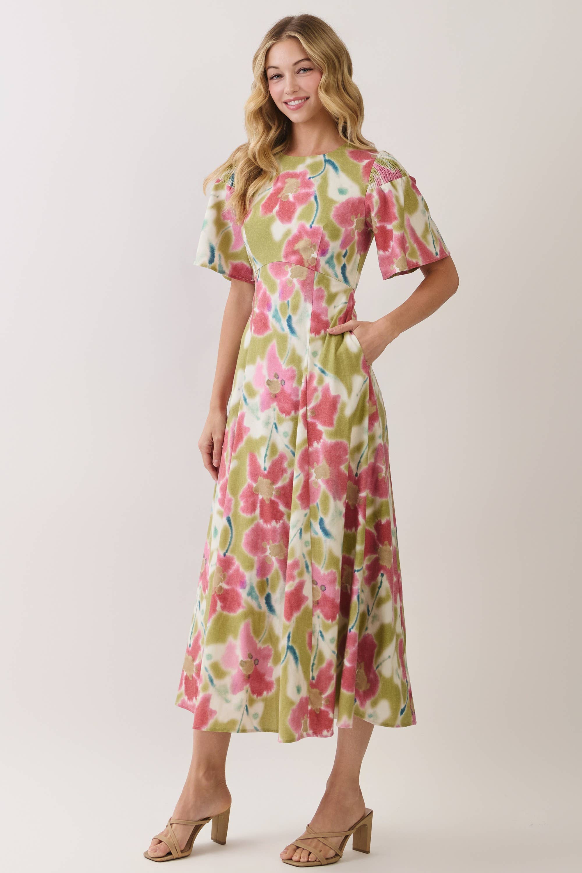 Green Floral Print Smocked Shoulder Midi Dress