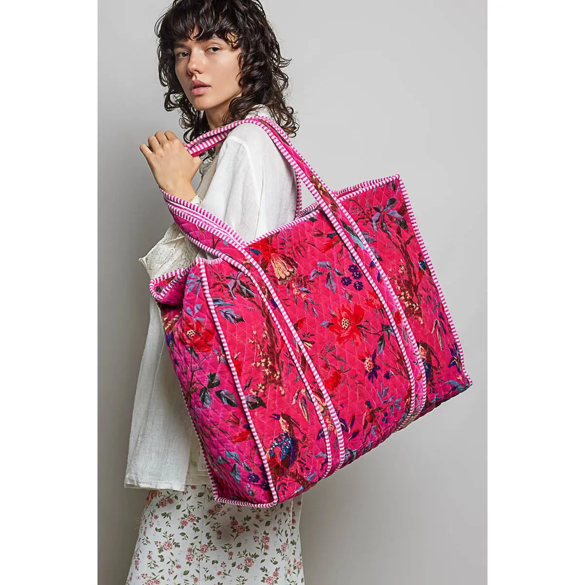 Pink Velvet Quilted Tote Bag — length: 23" and height: 18"