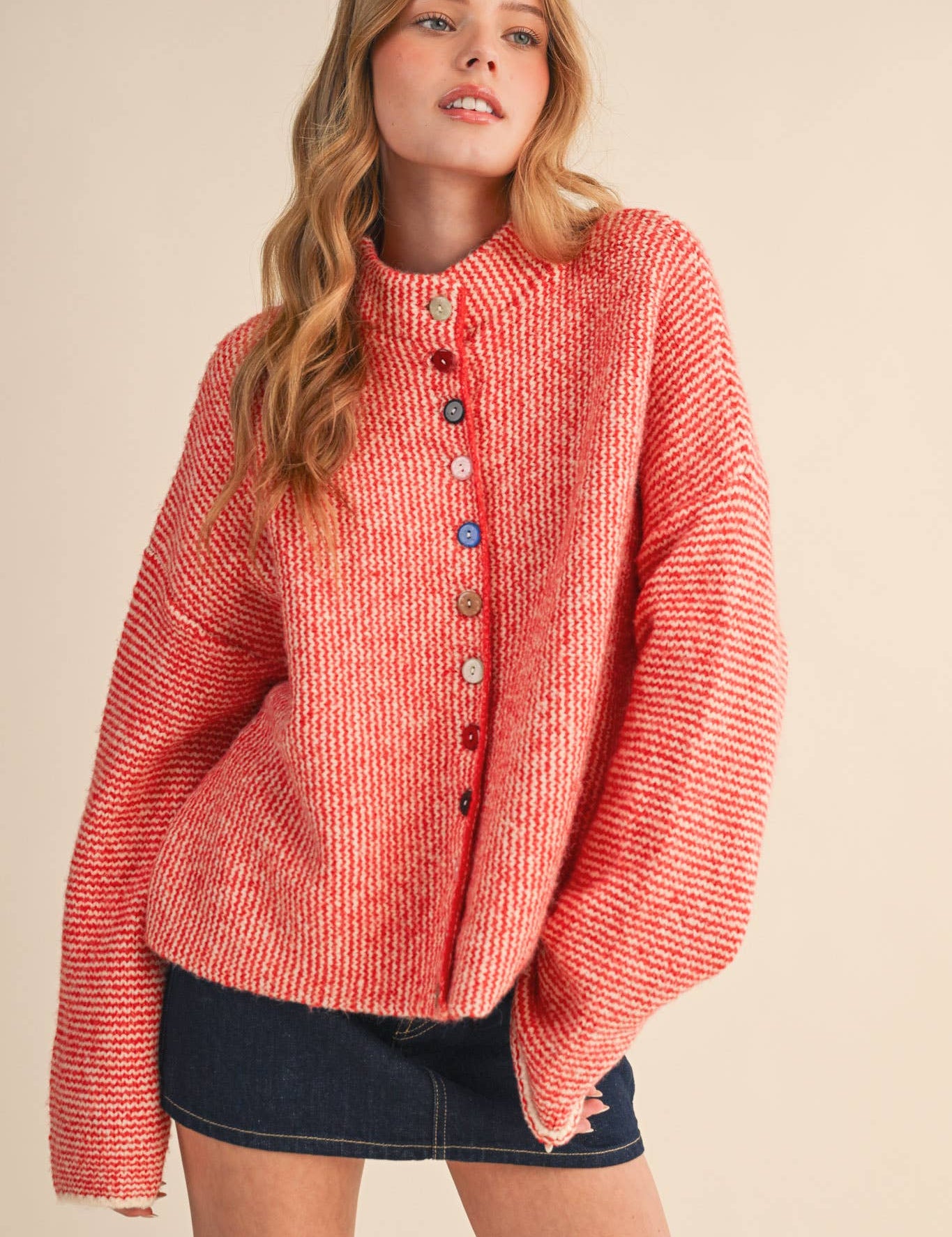 Red Striped Cardigan With Buttons at Ninety Nine Boutique