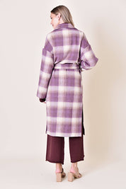 Lavender Plaid Belted Long Coat