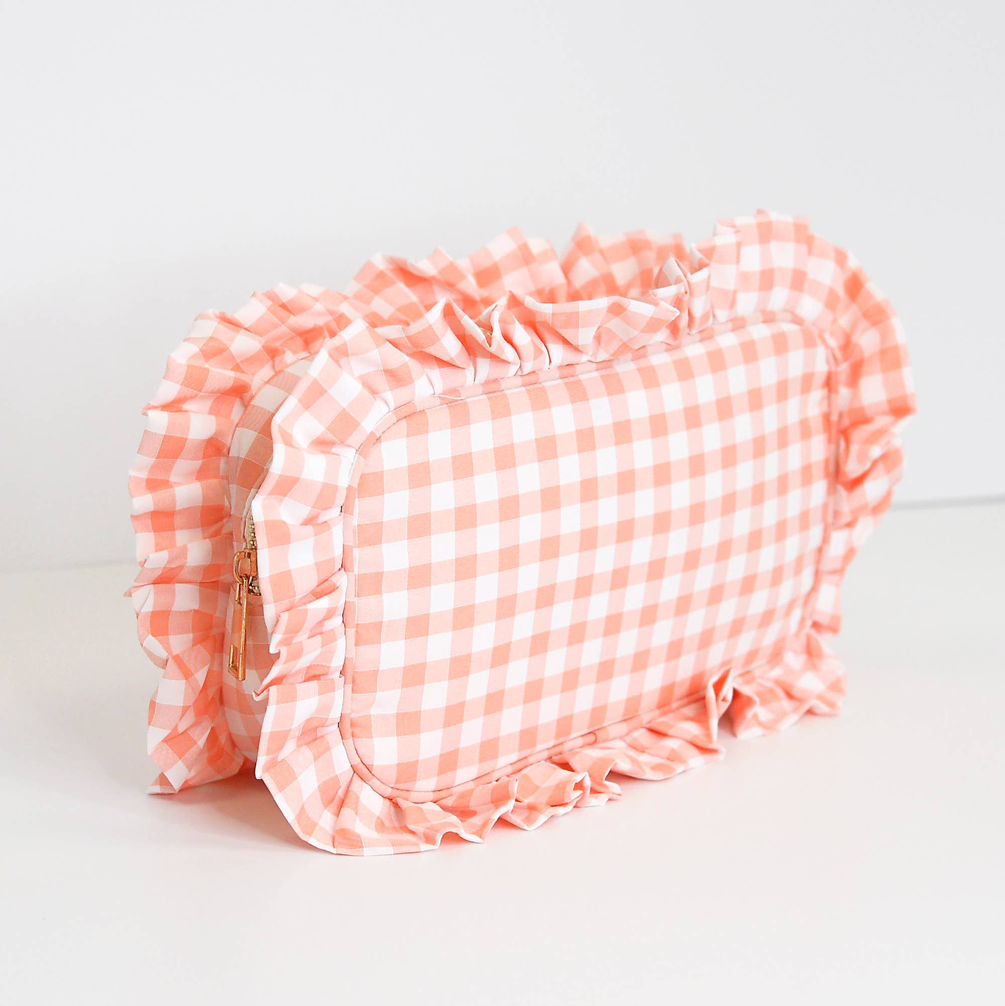 Peach Gingham Frilly Makeup Bag