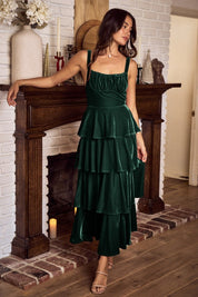 Green Velvet Holiday Christmas Tiered Maxi Dress