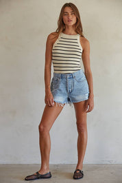 Medium Denim Distressed Detail Shorts
