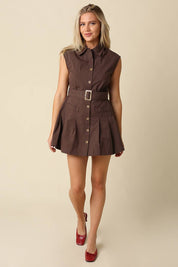 Brown Belted Sleeveless Shirt Dress showing structured