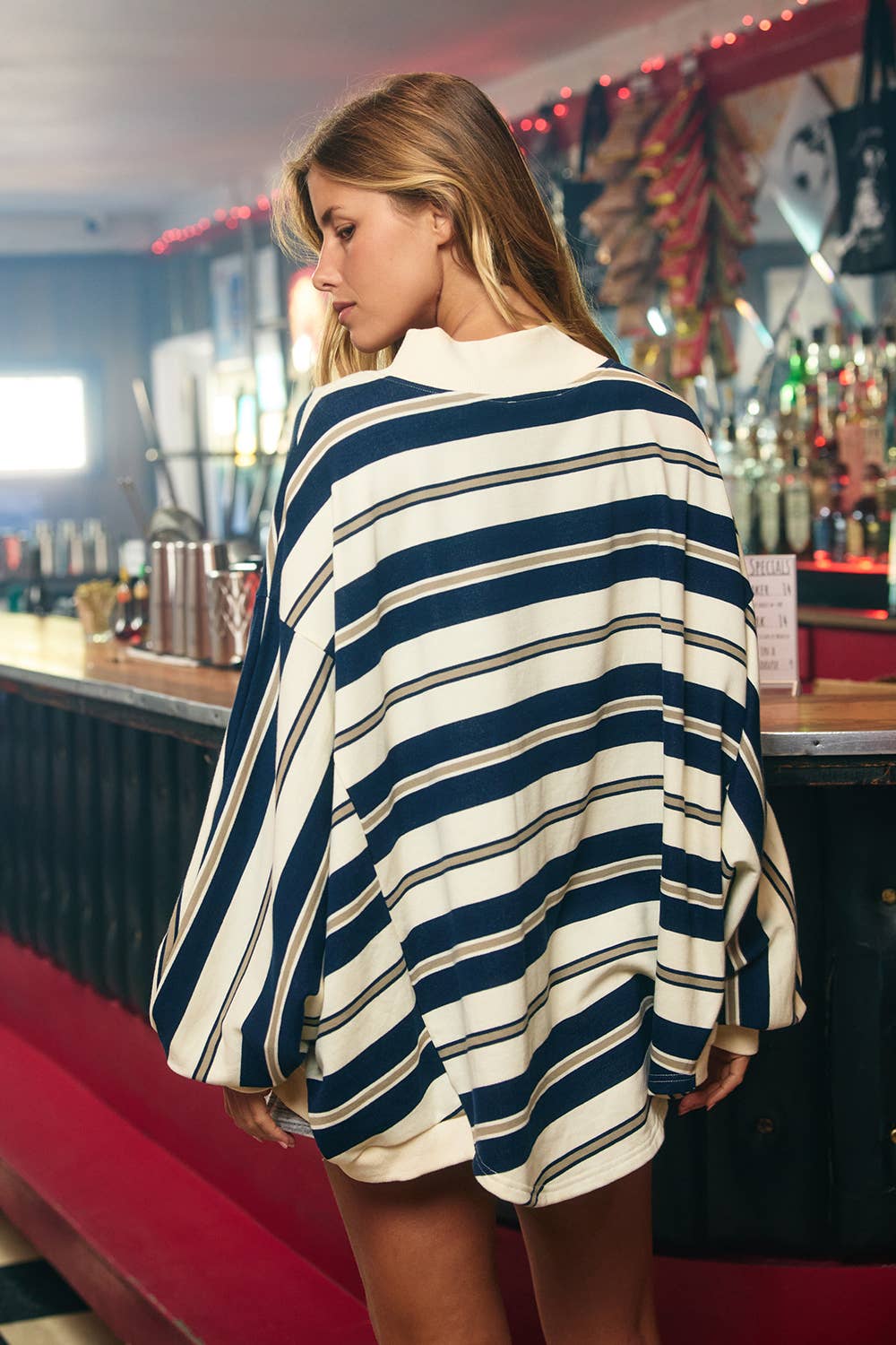 Navy Striped Oversized Crewneck Top