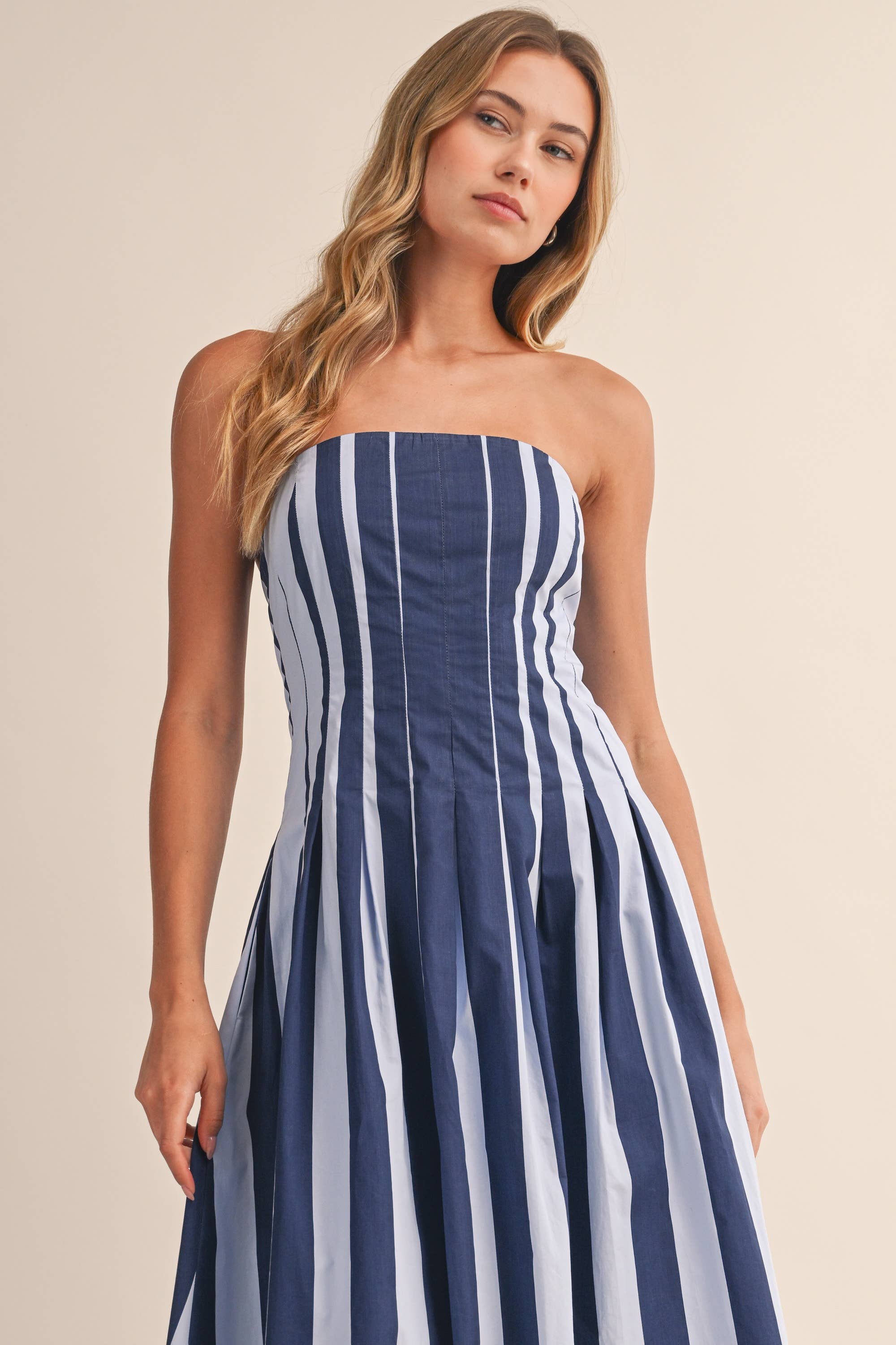 Blue Strapless Striped Midi Dress