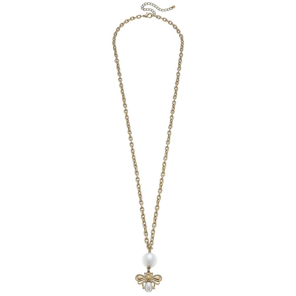 Pearl Bumble Bee Long Pendant Necklace in Worn Gold